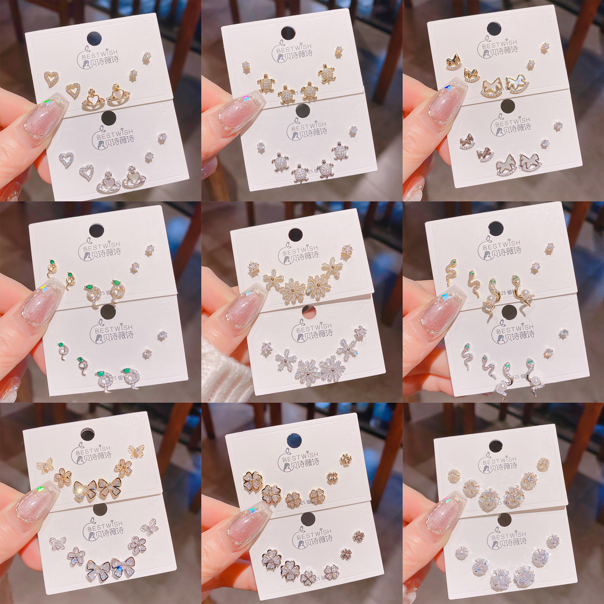 2025 silver needle thick gold electroplated exquisite zircon small earrings 6-piece set three pairs, wind earring accessories