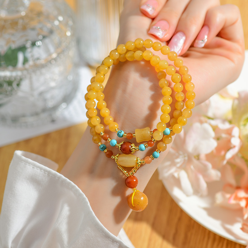 Xinjiang Gold Silk Jade Multi-loop Bracelet Peace Buckle Pendant New Chinese Style Ethnic Style Buddha Bead Prayer Bead Bracelet