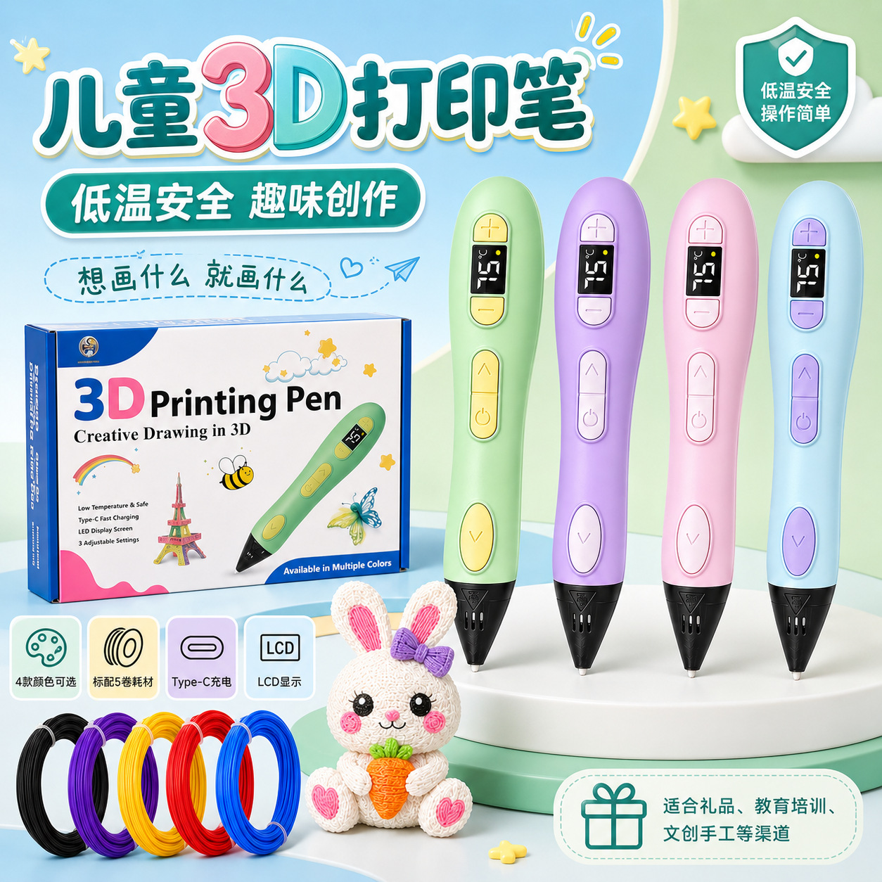 Children's 3D Printing Pen Low Temperature Safe Educational Drawing Pen Set Rechargeable Student Handmade DIY Toy