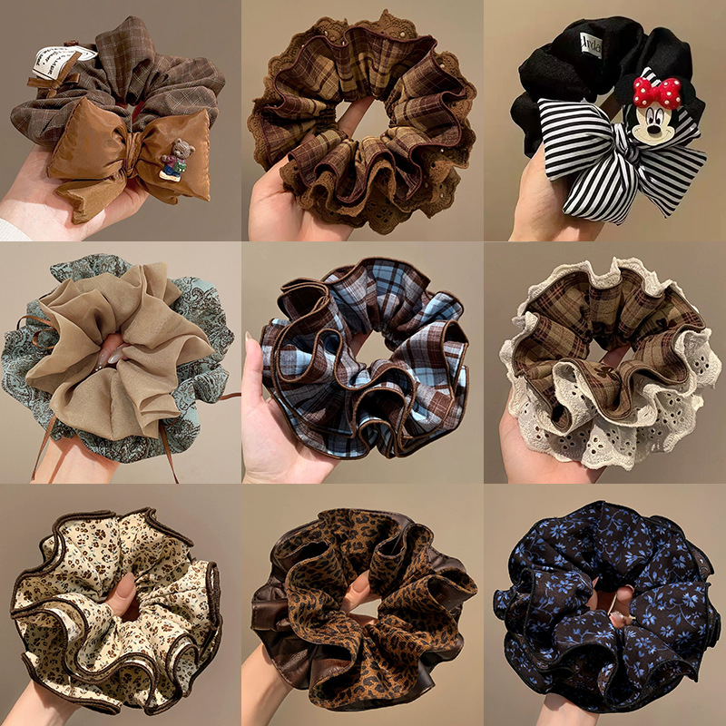 Heavy craft brown bow large hair scrunchie for women super texture ponytail bun hair tie elastic