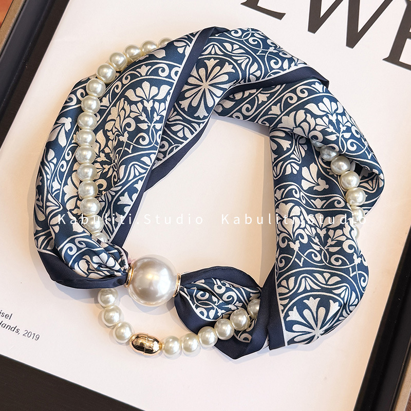 Magnetic buckle pearl necklace narrow small long strip silk scarf women neck protection mother matching shirt thin scarf