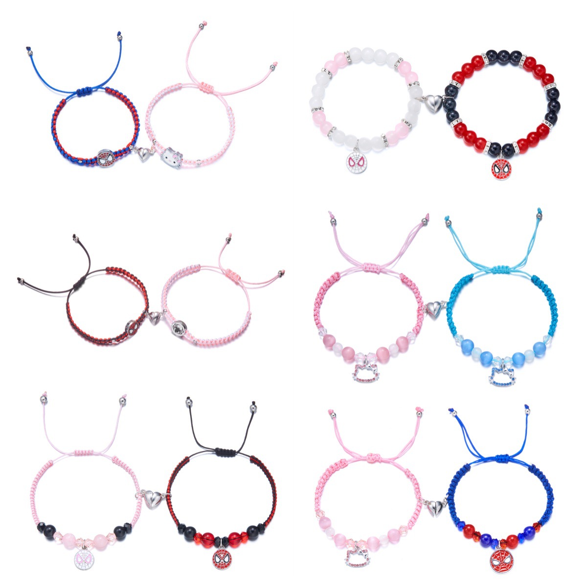 TKkt Cat Spider-Man New Heart-shaped Magnetic Bracelet Hand-woven Braided Rope Beaded Hand Jewelry