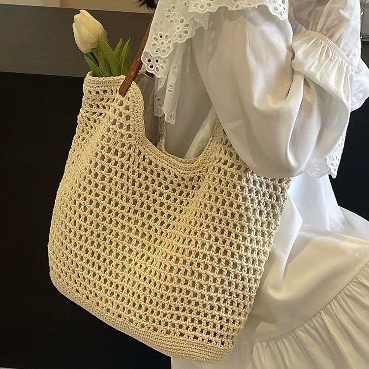 Cotton Thread Straw Bag Women's New Handwoven Large Capacity Single Shoulder Tote Bag Vacation Beach Bag