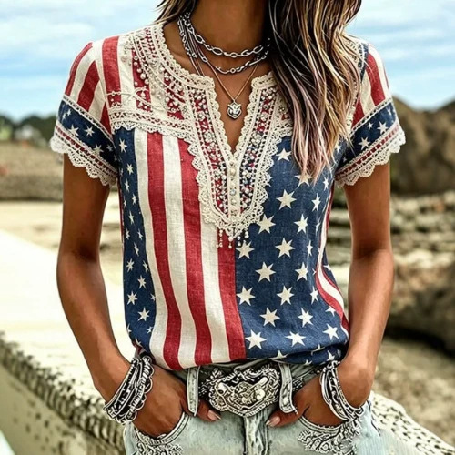 2026 New Summer American Flag Print V-Neck Short Sleeve T-Shirt Women Loose Casual Top
