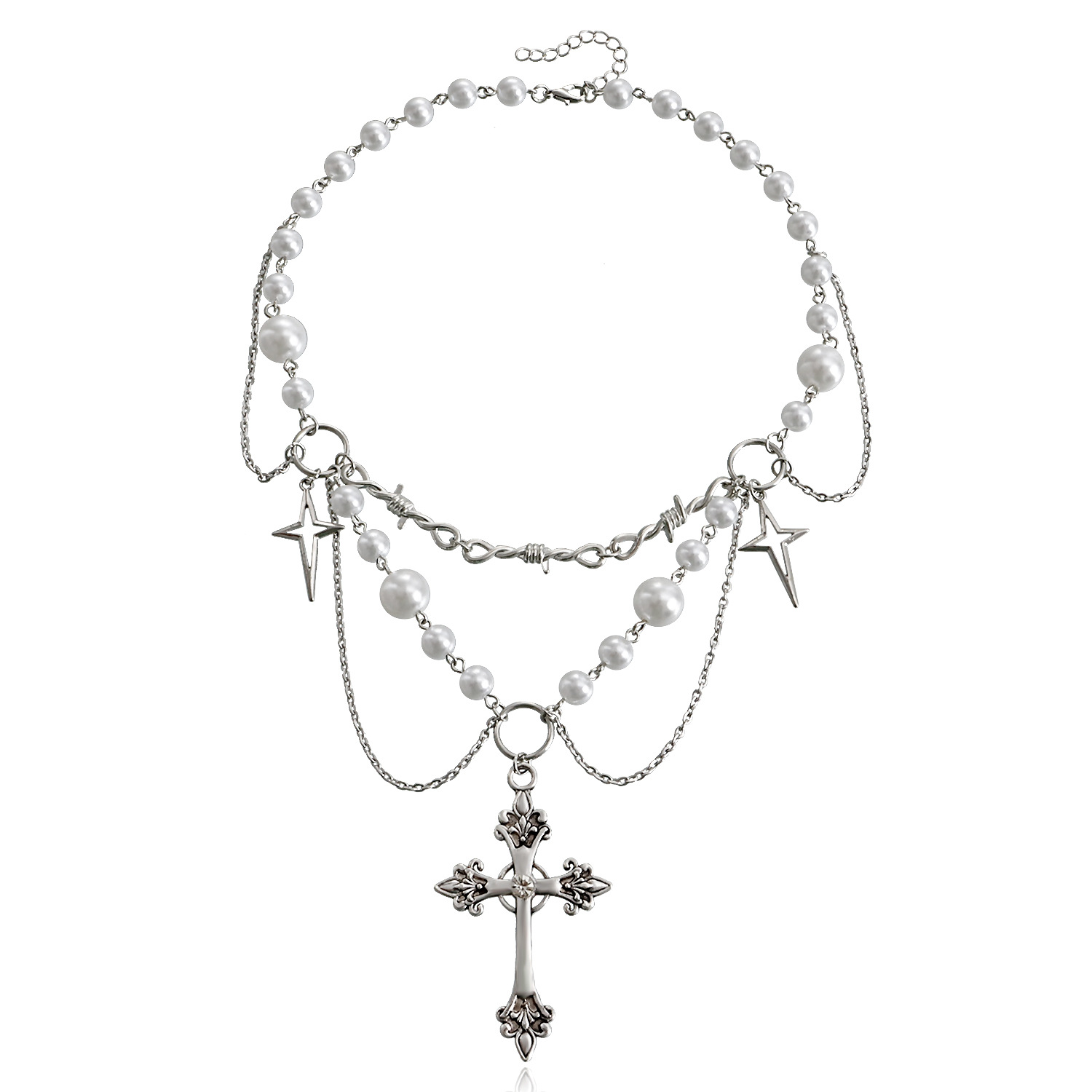 Accessories Double Layer High Gloss Pearl Tassel Cross Star Cross Necklace for Women