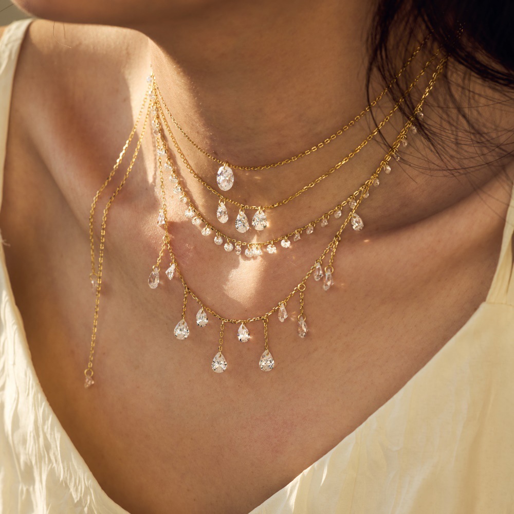 Live S925 sterling silver necklace for women, oval pear-shaped teardrop tassel pendant neck chain silver accessories wholesale