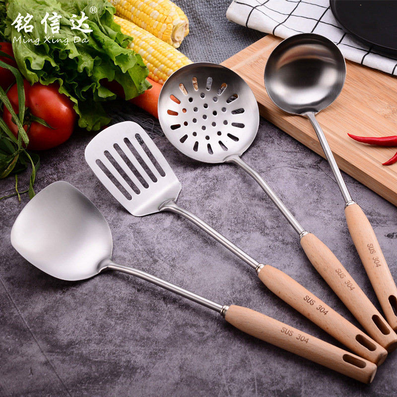 304 stainless steel kitchen utensil set, beech wood handle, cooking spatula, slotted spoon, cooking spatula, gift with custom logo