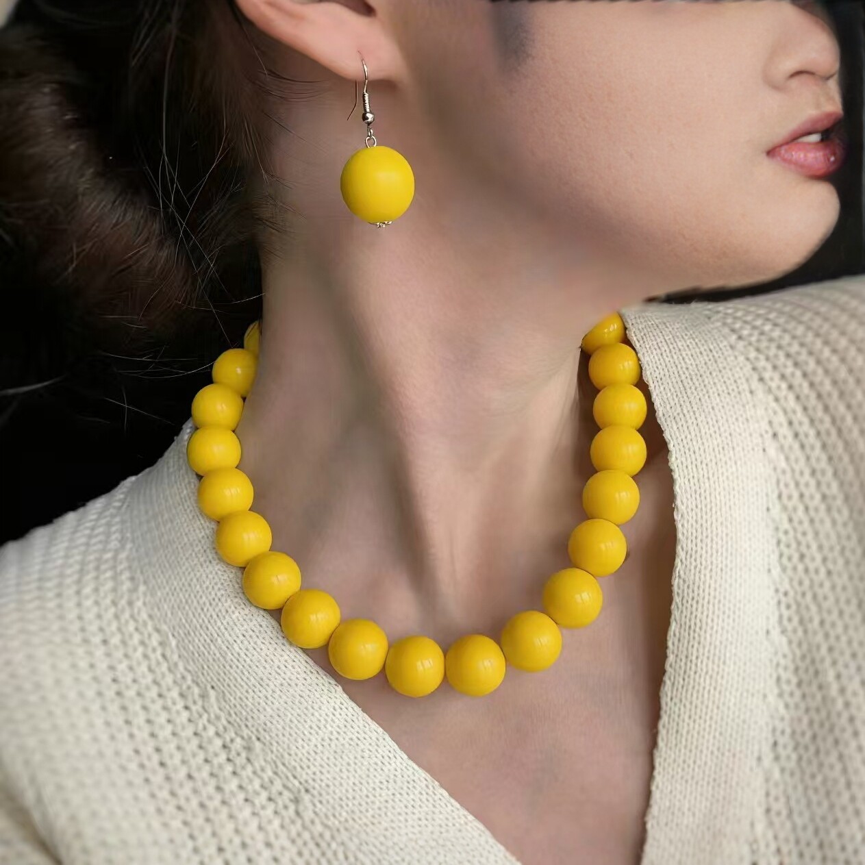 Fresh imitation pearl necklace earring set women round bead锁骨链 simple accessories three-piece set