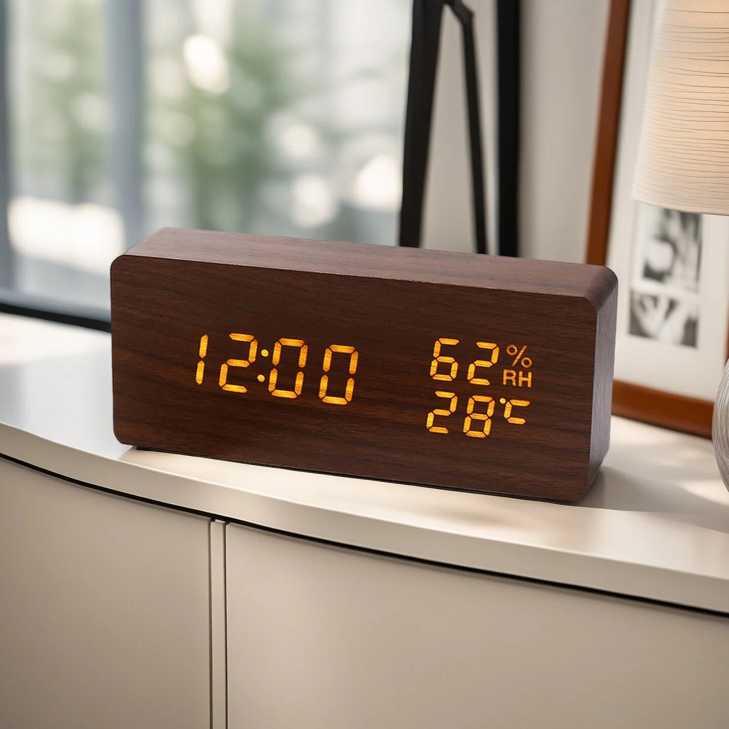 Nordic Wooden Alarm Clock Hygrometer Clock Multifunctional Silent Night Light Student Bedroom Bedside Wooden Clock