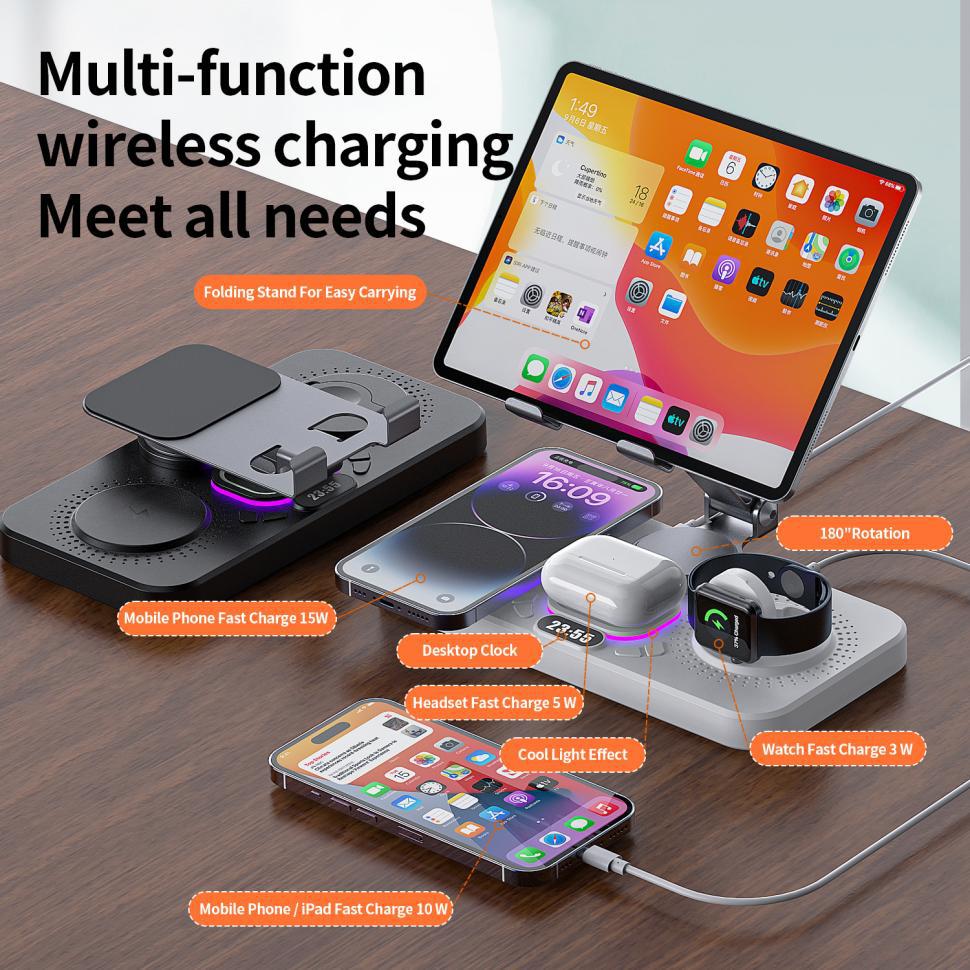 New wireless charger supports phone watch earphone charging clock colorful lights flat stand foldable