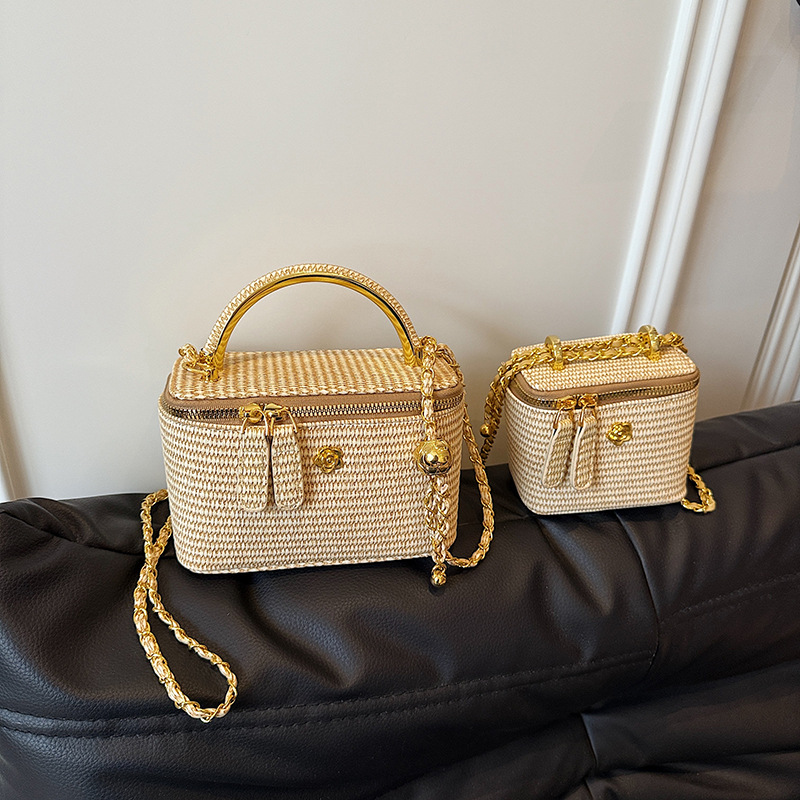 Straw Woven Small Square Bag 2025 New Chanel-Style Diamond Grid Chain Box Shoulder Crossbody Bag