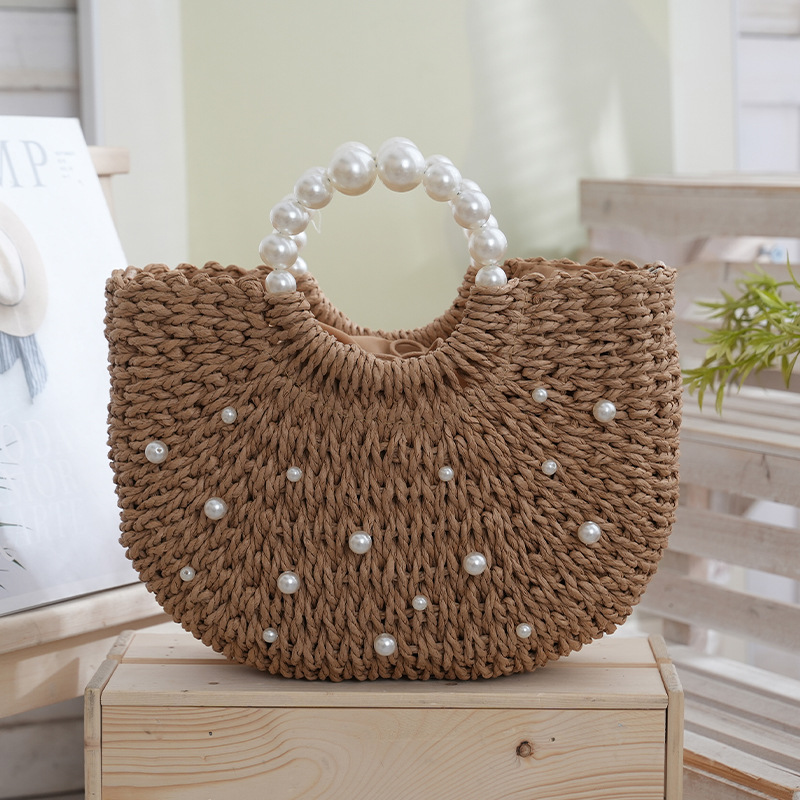 Large capacity pearl handbag straw woven simple tote bag woven semi-circular crossbody bag beaded
