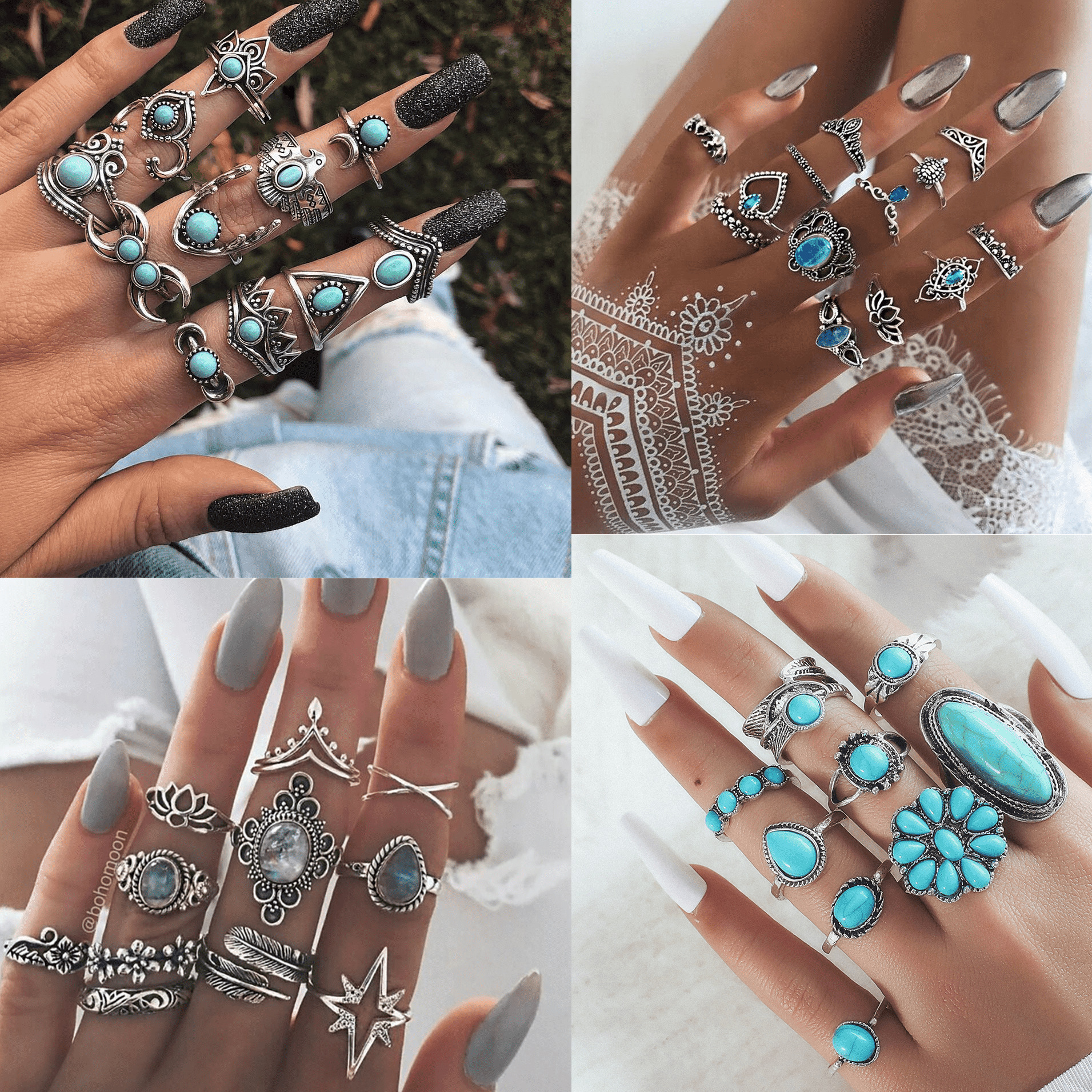 New Ring Bohemian Feather Turquoise Hollow 9-Piece Set Ring