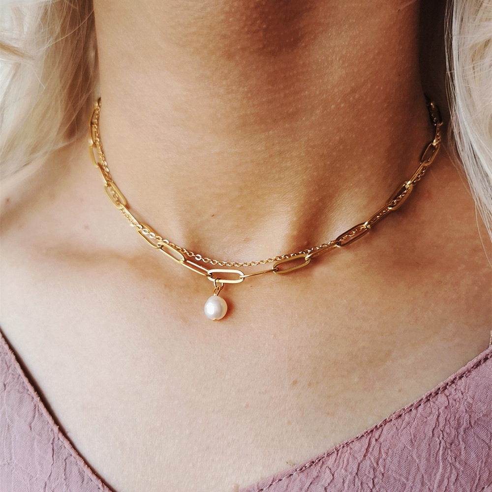 Baroque freshwater pearl neck chain necklace, women's minimalist stainless steel double-layer chain short necklace collarbone chain