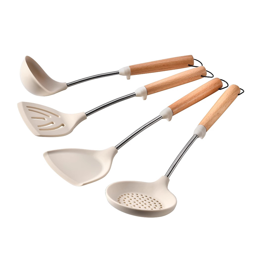 Wooden handle iron ring silicone kitchen utensils Aituosi wooden handle iron ring slotted spatula soup spoon Chinese spatula strainer food grade silicone